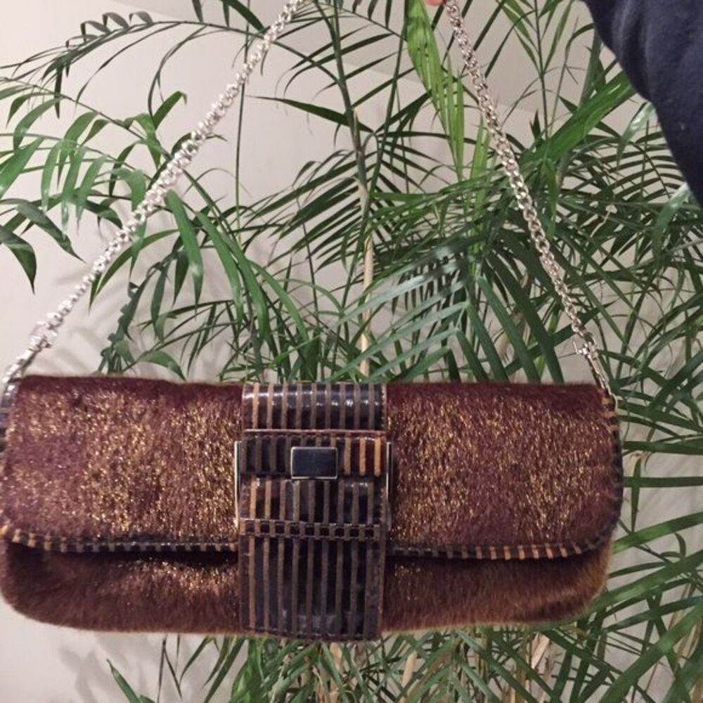 NWT Sale!SR faux fur clutch w/buckle&chain strap